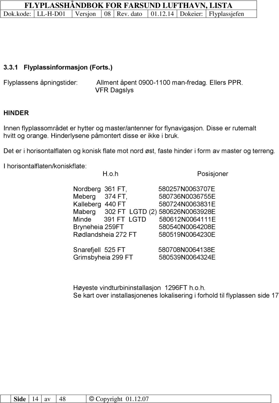 I horisontalflaten/koniskflate: H.o.h Posisjoner Nordberg 361 FT, 580257N0063707E Meberg 374 FT, 580736N0036755E Kalleberg 440 FT 580724N0063831E Maberg 302 FT LGTD (2) 580626N0063928E Minde 391 FT