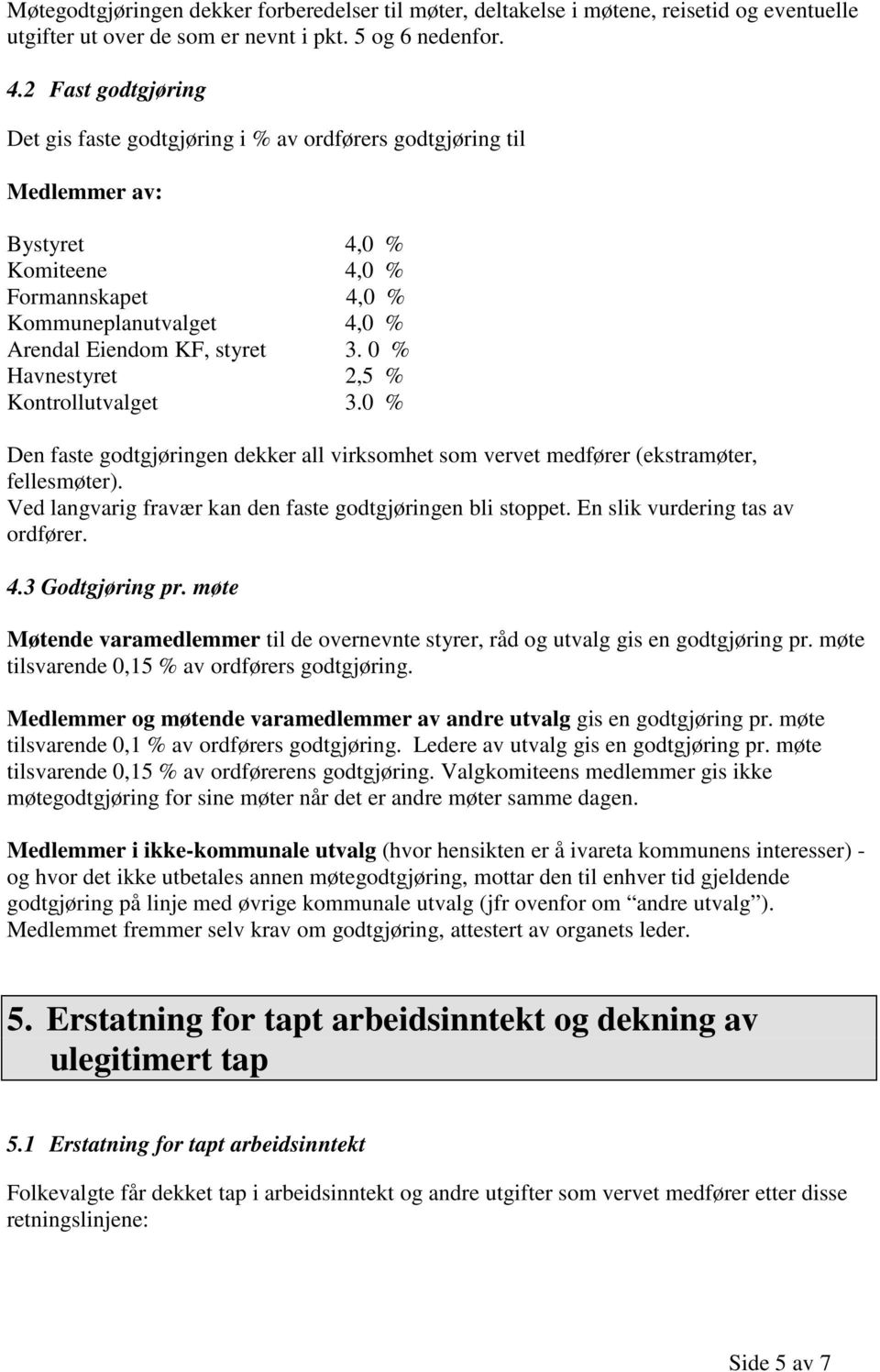 0 % Havnestyret 2,5 % Kontrollutvalget 3.0 % Den faste godtgjøringen dekker all virksomhet som vervet medfører (ekstramøter, fellesmøter). Ved langvarig fravær kan den faste godtgjøringen bli stoppet.