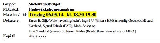 2 Informasjon fra Rektor Rektor Spørsmål fra FAU til Rektor Endret skolehverdag Forrige skoleår, så var det spisetid i friminuttet som avsluttet kl. 10.10. Nå er det spising 11.30 11.50.