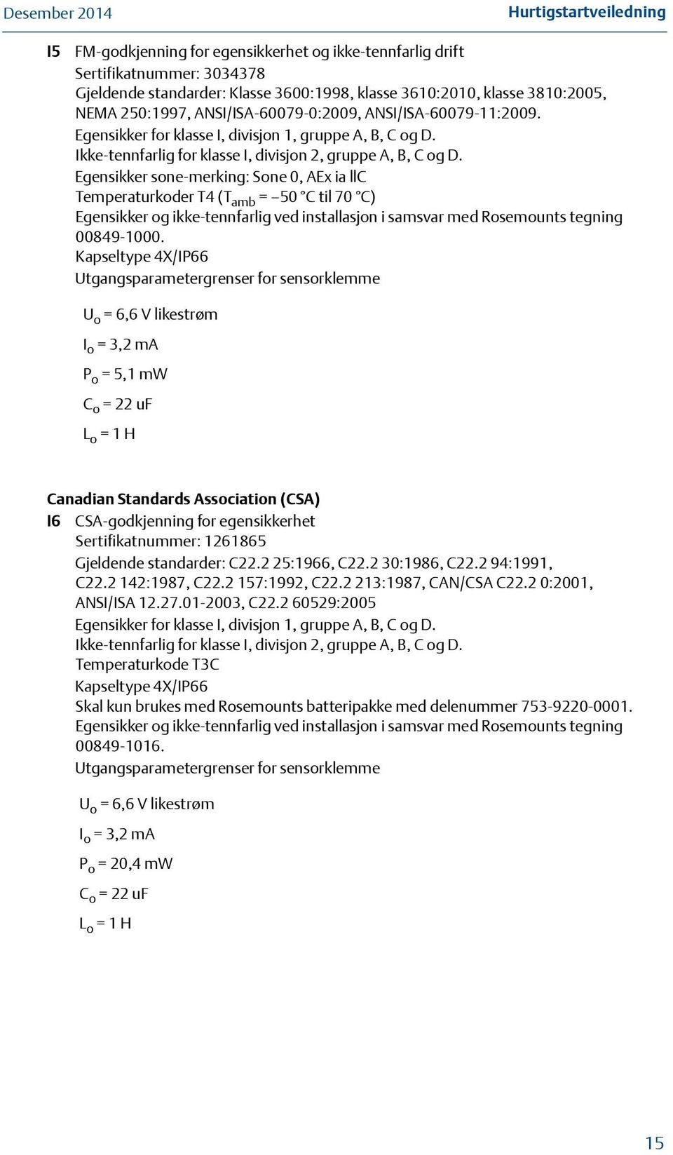 Egensikker sone-merking: Sone 0, AEx ia llc Temperaturkoder T4 (T amb = 50 C til 70 C) Egensikker og ikke-tennfarlig ved installasjon i samsvar med Rosemounts tegning 00849-1000.