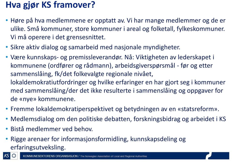 Nå: Viktigheten av lederskapet i kommunene (ordfører og rådmann), arbeidsgiverspørsmål - før og etter sammenslåing, fk/det folkevalgte regionale nivået, lokaldemokratiutfordringer og hvilke