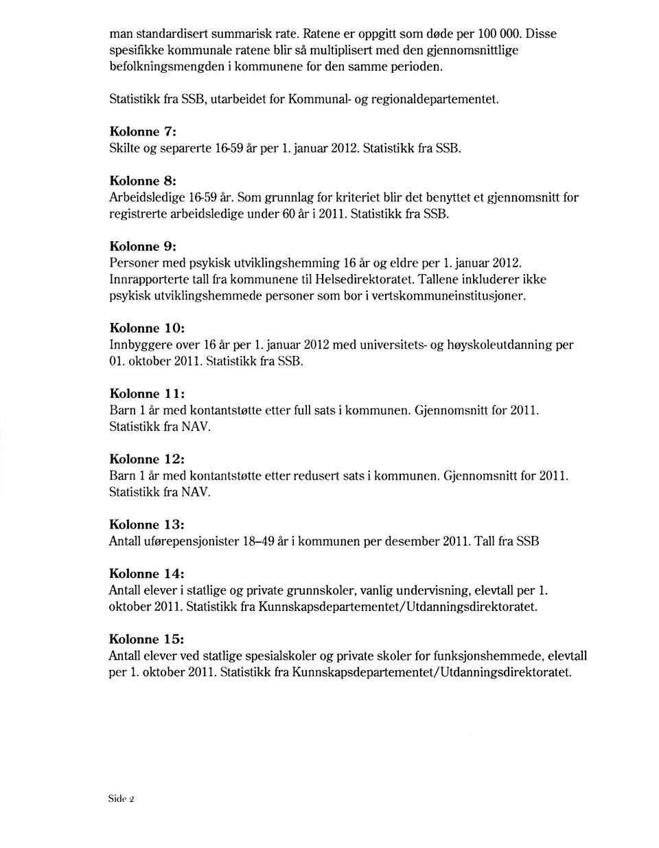 Statistikk fra SSB, utarbeidet for Kommunal- og regionaldepartementet. Kolonne 7: Skilte og separerte 16-59 år per 1. januar 2012. Statistikk fra SSB. Kolonne 8: Arbeidsledige 16-59 år.