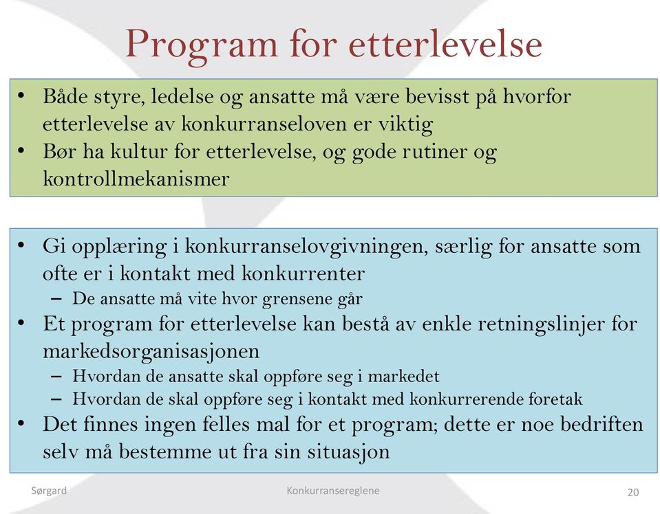 Et program for etterlevelse kan bestå av enkle retningslinjer for markedsorganisasjonen Hvordan de ansatte skal oppføre seg i markedet Hvordan de skal oppføre seg i