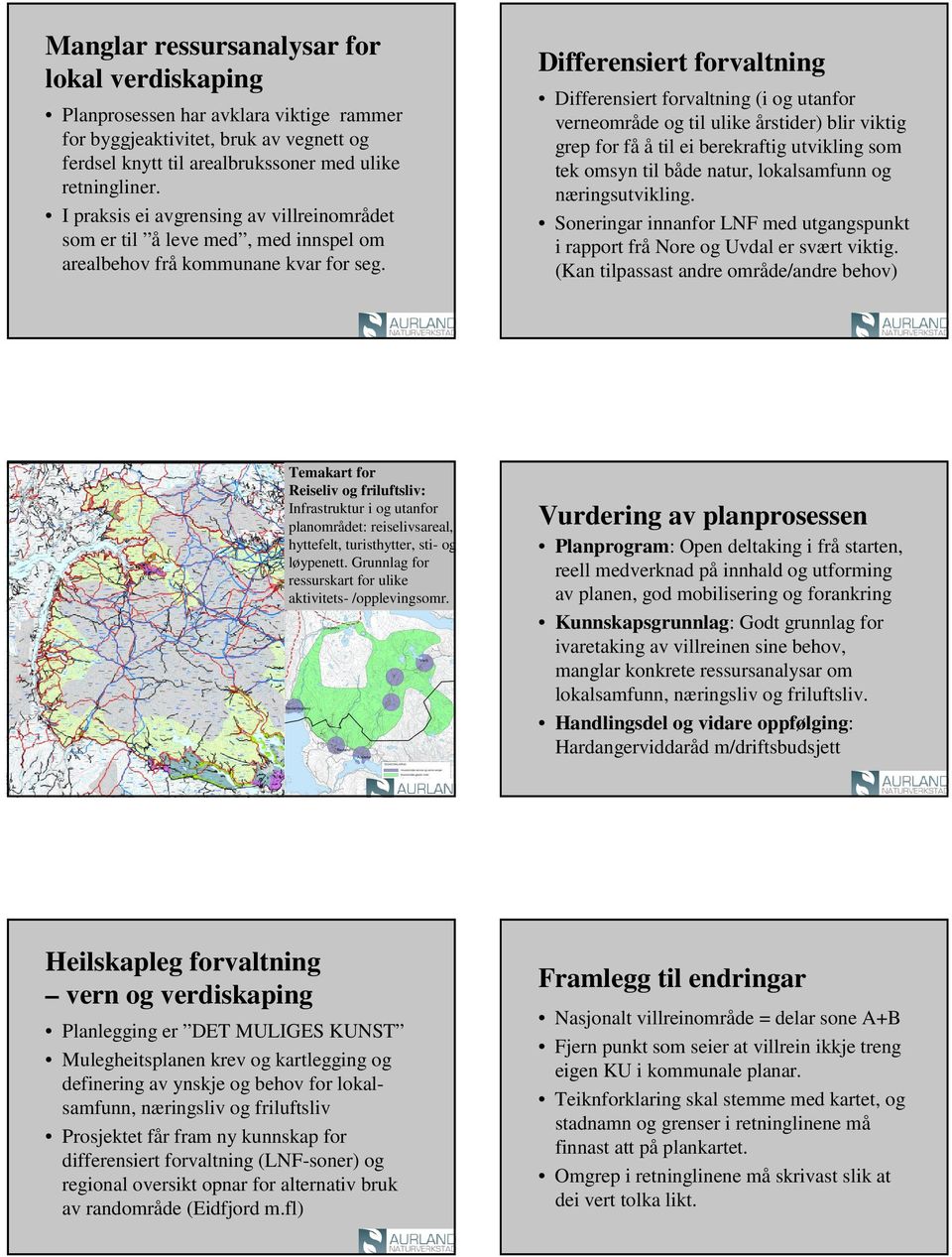 Differensiert forvaltning Differensiert forvaltning (i og utanfor verneområde og til ulike årstider) blir viktig grep for få å til ei berekraftig utvikling som tek omsyn til både natur, lokalsamfunn