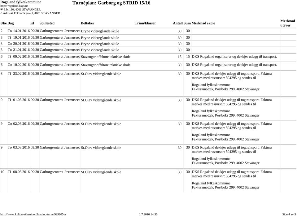 2016 09:30 Garborgsenteret Jærmuseet Stavanger offshore tekniske skole 15 15 DKS Rogaland organiserer og dekkjer utlegg til transport. 6 On 10.02.