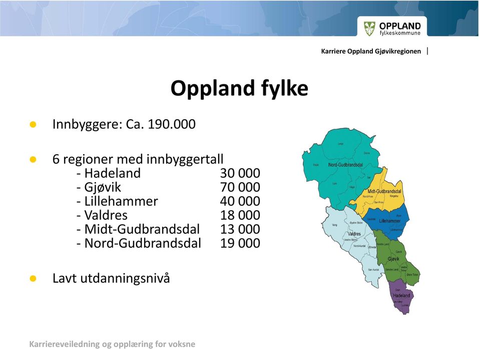 Hadeland 30 000 Gjøvik 70 000 Lillehammer 40 000