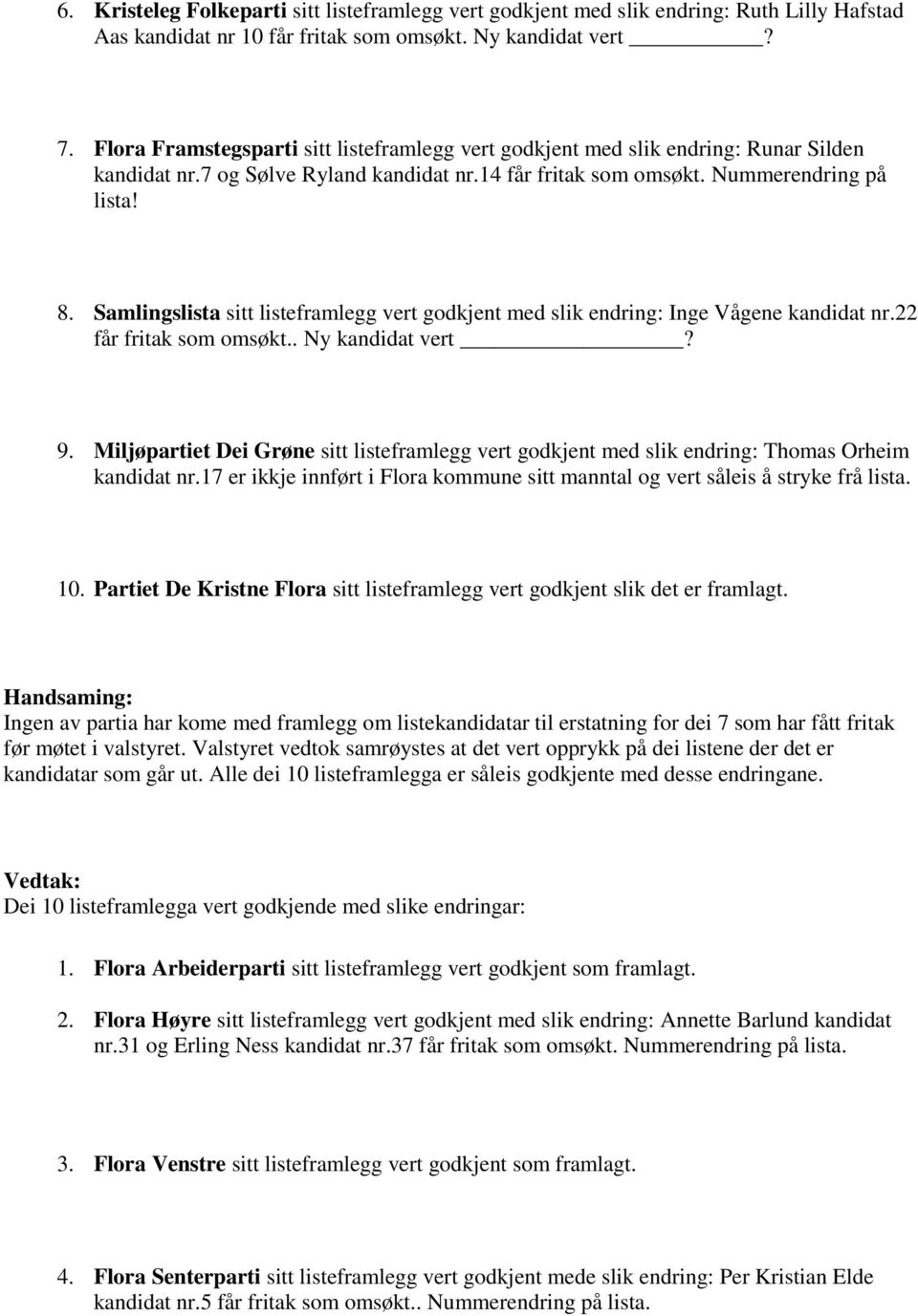 Samlingslista sitt listeframlegg vert godkjent med slik endring: Inge Vågene kandidat nr.22 får fritak som omsøkt.. Ny kandidat vert? 9.