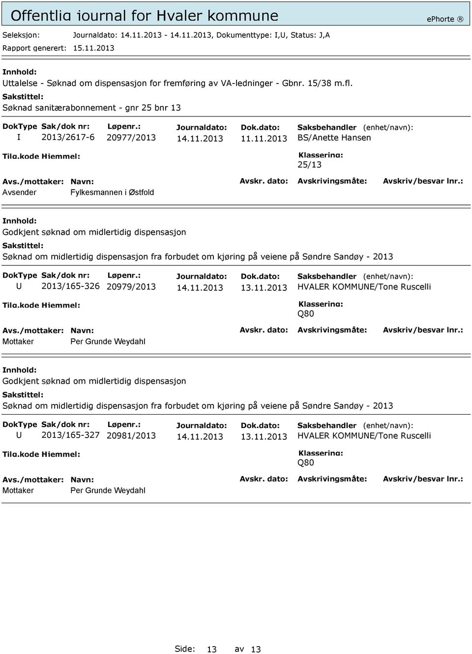 11.2013 BS/Anette Hansen 25/13 Avsender Fylkesmannen i Østfold Godkjent søknad om midlertidig dispensasjon Søknad om midlertidig dispensasjon fra forbudet om kjøring på veiene