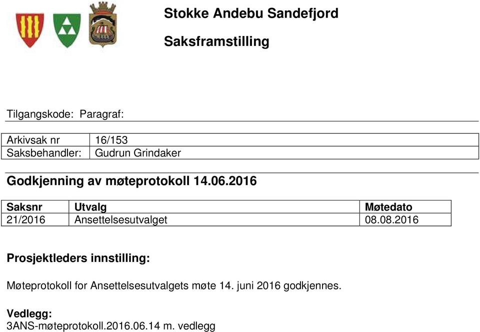2016 Saksnr Utvalg Møtedato 21/2016 Ansettelsesutvalget 08.