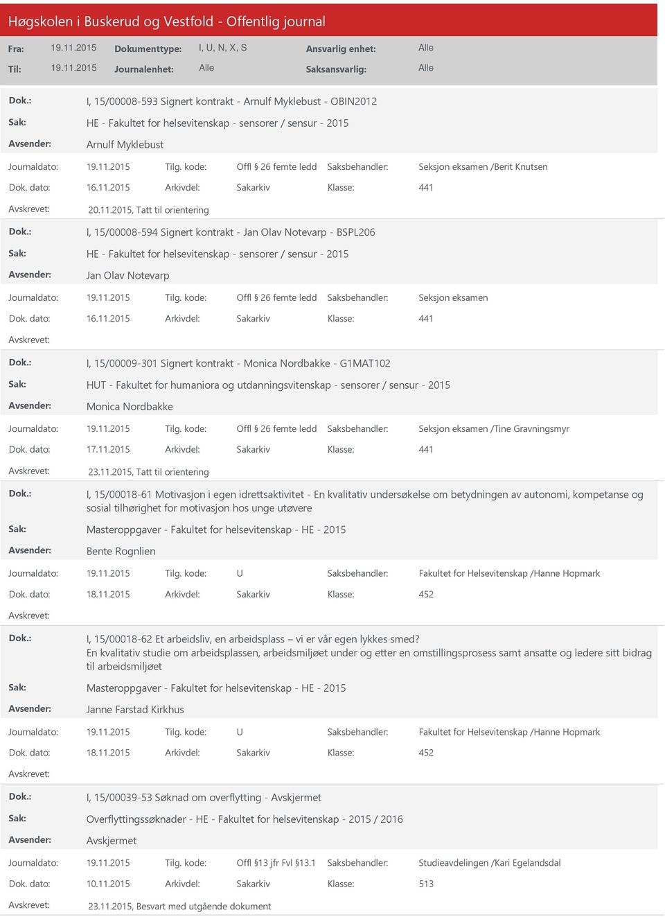 2015, Tatt til orientering I, 15/00008-594 Signert kontrakt - Jan Olav Notevarp - BSPL206 Jan Olav Notevarp Offl 26 femte ledd Seksjon eksamen Dok. dato: 16.11.