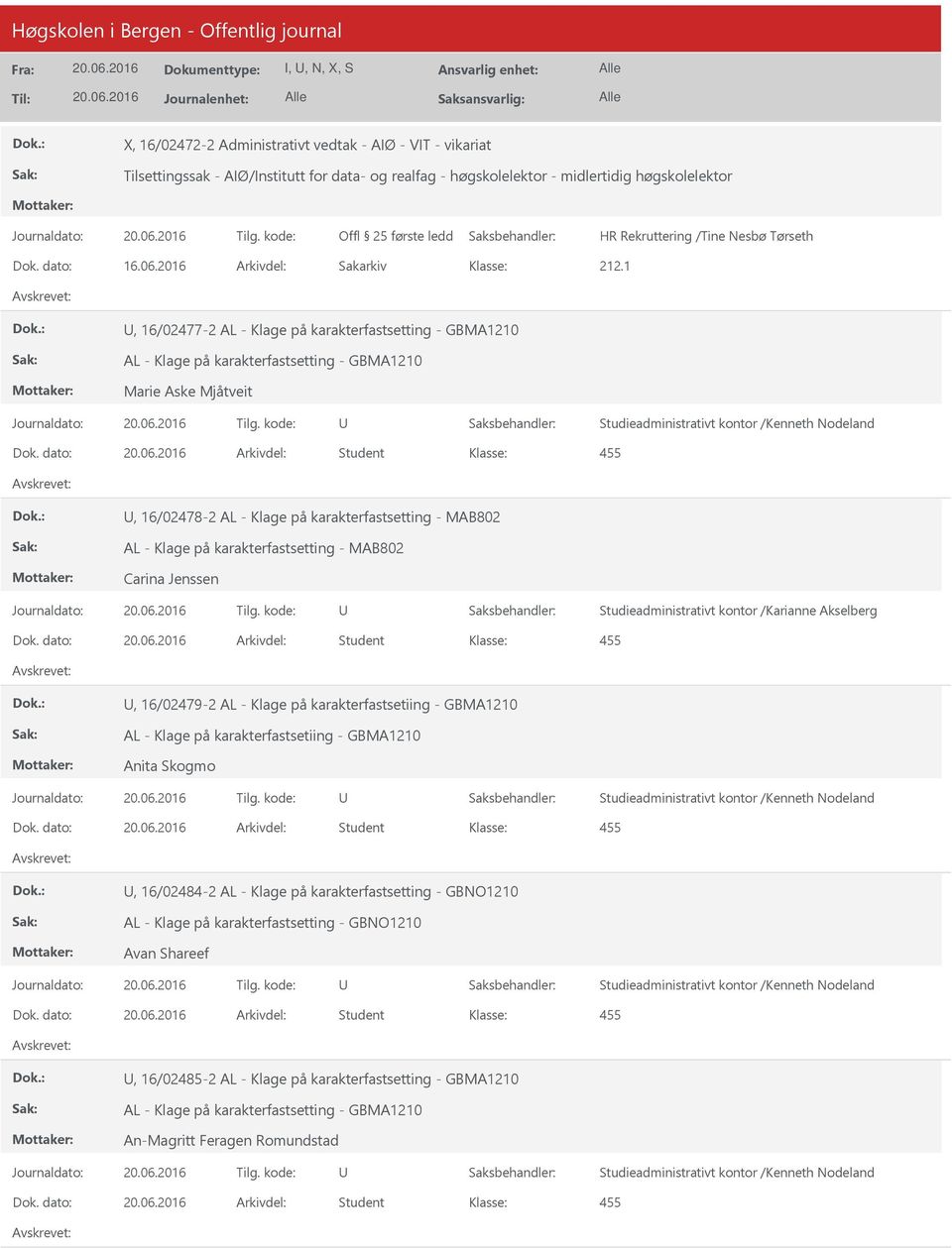 2016 Arkivdel: Sakarkiv, 16/02477-2 AL - Klage på karakterfastsetting - GBMA1210 AL - Klage på karakterfastsetting - GBMA1210 Marie Aske Mjåtveit, 16/02478-2 AL - Klage på karakterfastsetting -