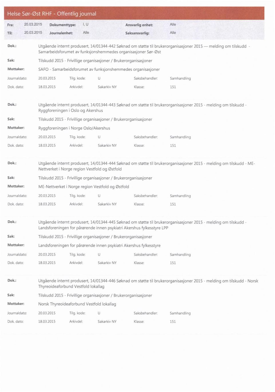 : Utgående internt produsert, 14/01344-443 Søknad om støtte til brukerorganisasjoner 2015 - melding om tilskudd - Ryggforeningen i Oslo og Akershus Mottaker: Ryggforeningen i Norge Oslo/Akershus Dok.