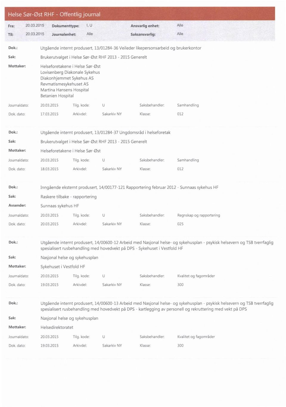 : Utgående internt produsert, 13/01284-37 Ungdomsråd i helseforetak Sak: Brukerutvalget i Helse Sør-Øst RHF 2013-2015 Generelt Mottaker: Helseforetakene i Helse Sør-Øst Dok. dato: 18.03.