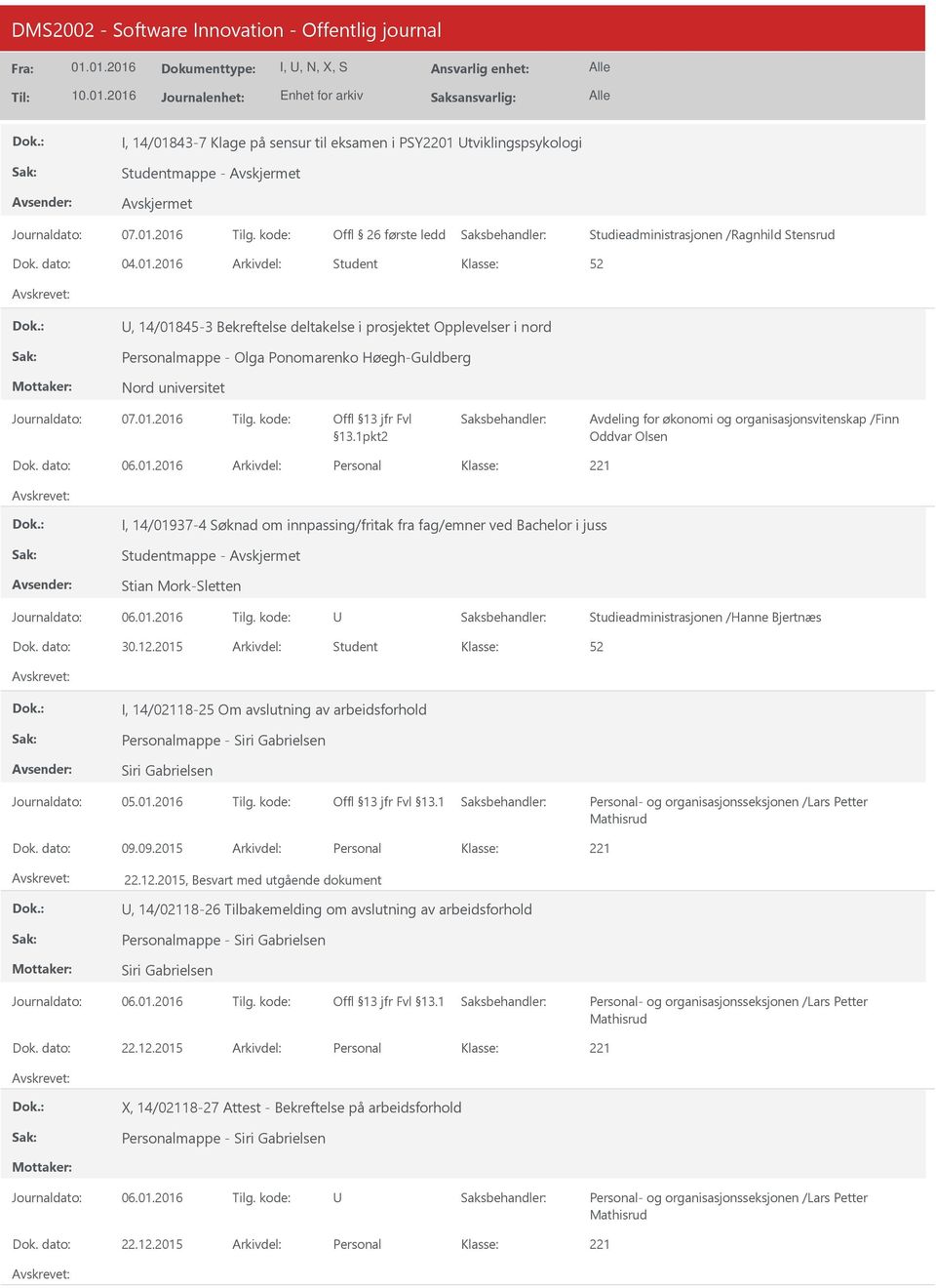 2016 Arkivdel: Personal I, 14/01937-4 Søknad om innpassing/fritak fra fag/emner ved Bachelor i juss Stian Mork-Sletten Studieadministrasjonen /Hanne Bjertnæs Dok. dato: 30.12.