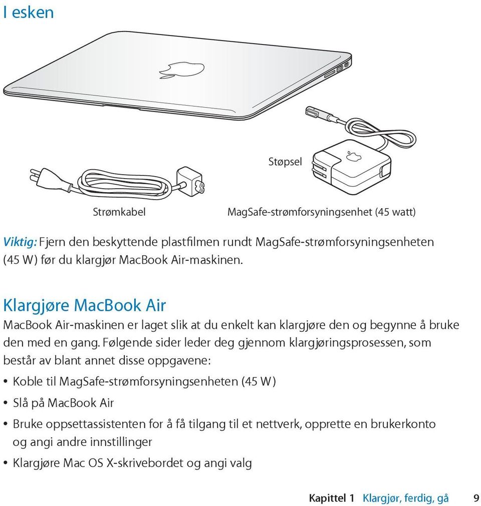 Følgende sider leder deg gjennom klargjøringsprosessen, som består av blant annet disse oppgavene: Koble til MagSafe-strømforsyningsenheten (45 W) Slå på MacBook Air