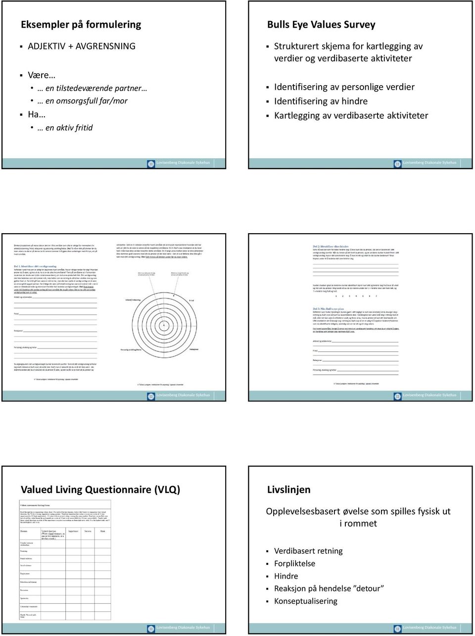 verdier Identifisering av hindre Kartlegging av verdibaserte aktiviteter Valued Living Questionnaire (VLQ) Livslinjen