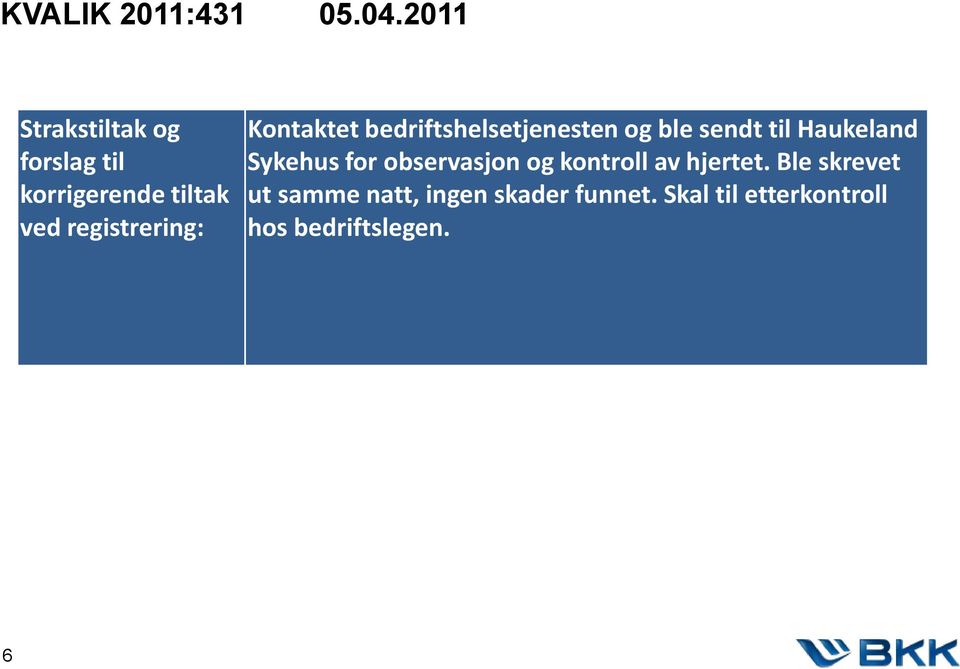 Kontaktet bedriftshelsetjenesten og ble sendt til Haukeland Sykehus for