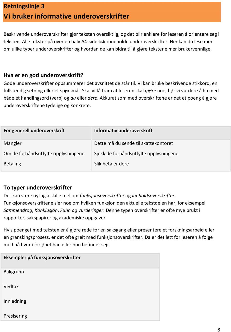 Hva er en god underoverskrift? Gode underoverskrifter oppsummerer det avsnittet de står til. Vi kan bruke beskrivende stikkord, en fullstendig setning eller et spørsmål.