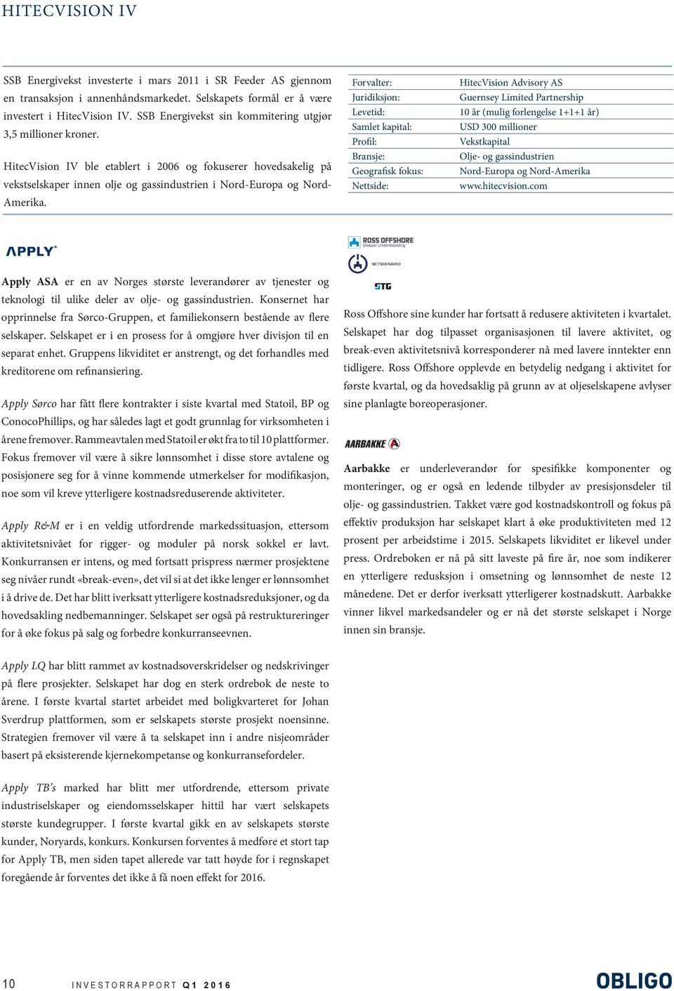 Forvalter: Juridiksjon: Levetid: Samlet kapital: Profil: Bransje: Geografisk fokus: Nettside: HitecVision Advisory AS Guernsey Limited Partnership 10 år (mulig forlengelse 1+1+1 år) USD 300 millioner