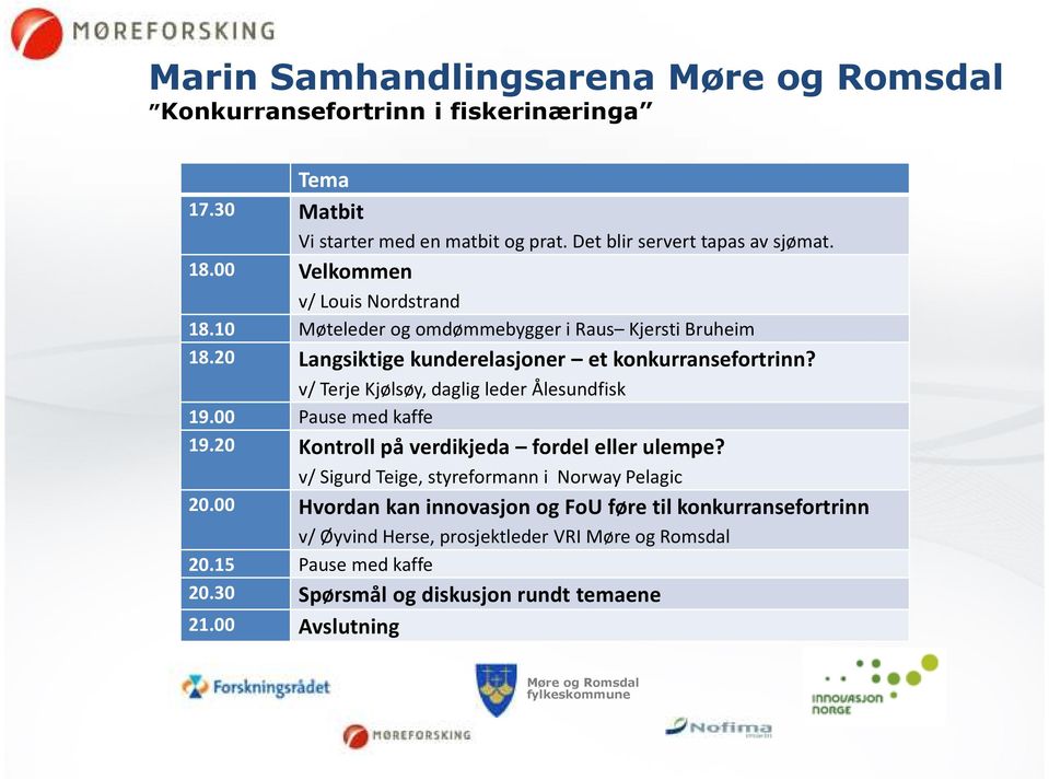 v/ Terje Kjølsøy, daglig leder Ålesundfisk 19.00 Pause med kaffe 19.20 Kontroll på verdikjeda fordel eller ulempe? v/ Sigurd Teige, styreformann i Norway Pelagic 20.