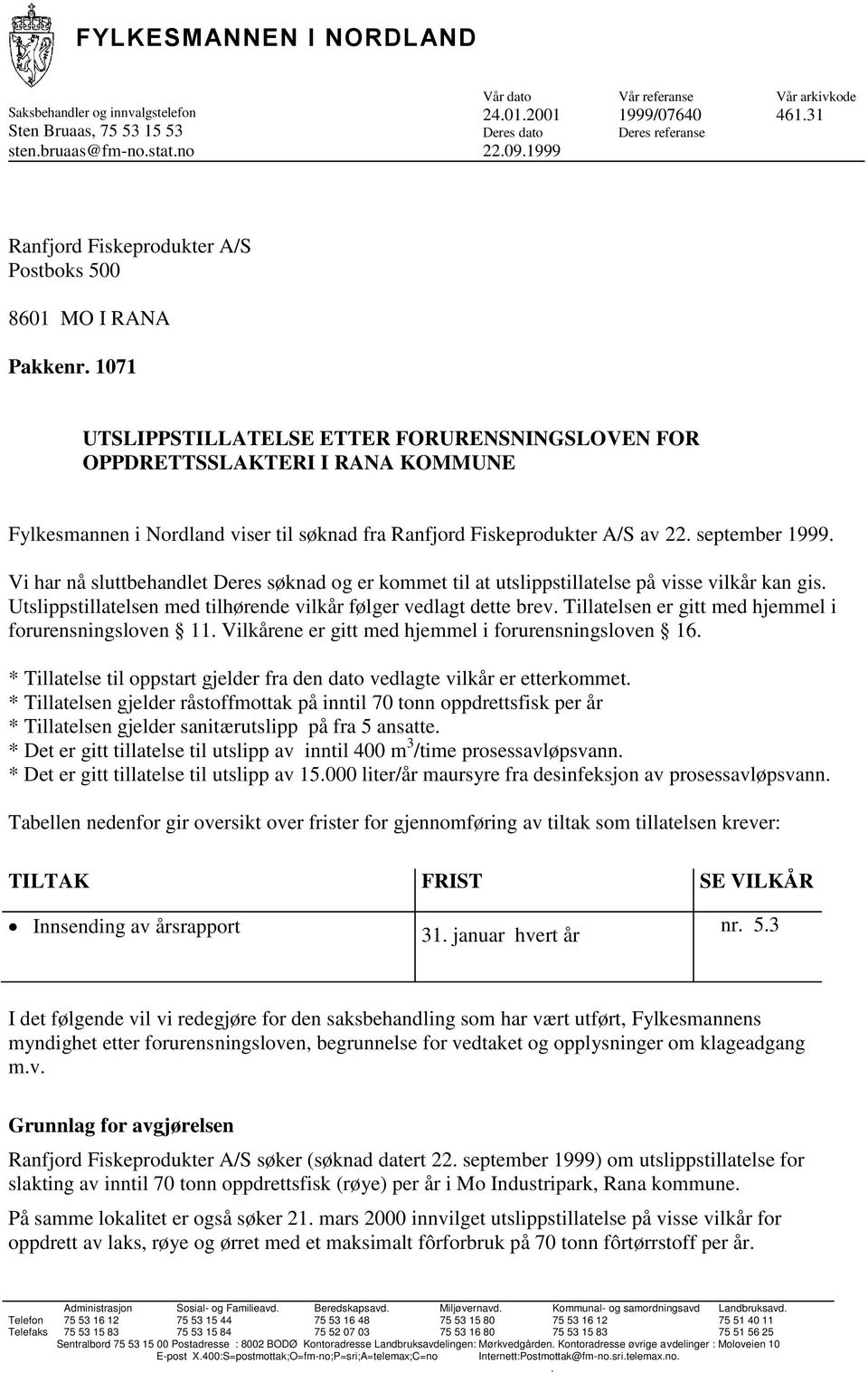 1071 UTSLIPPSTILLATELSE ETTER FORURENSNINGSLOVEN FOR OPPDRETTSSLAKTERI I RANA KOMMUNE Fylkesmannen i Nordland viser til søknad fra Ranfjord Fiskeprodukter A/S av 22. september 1999.