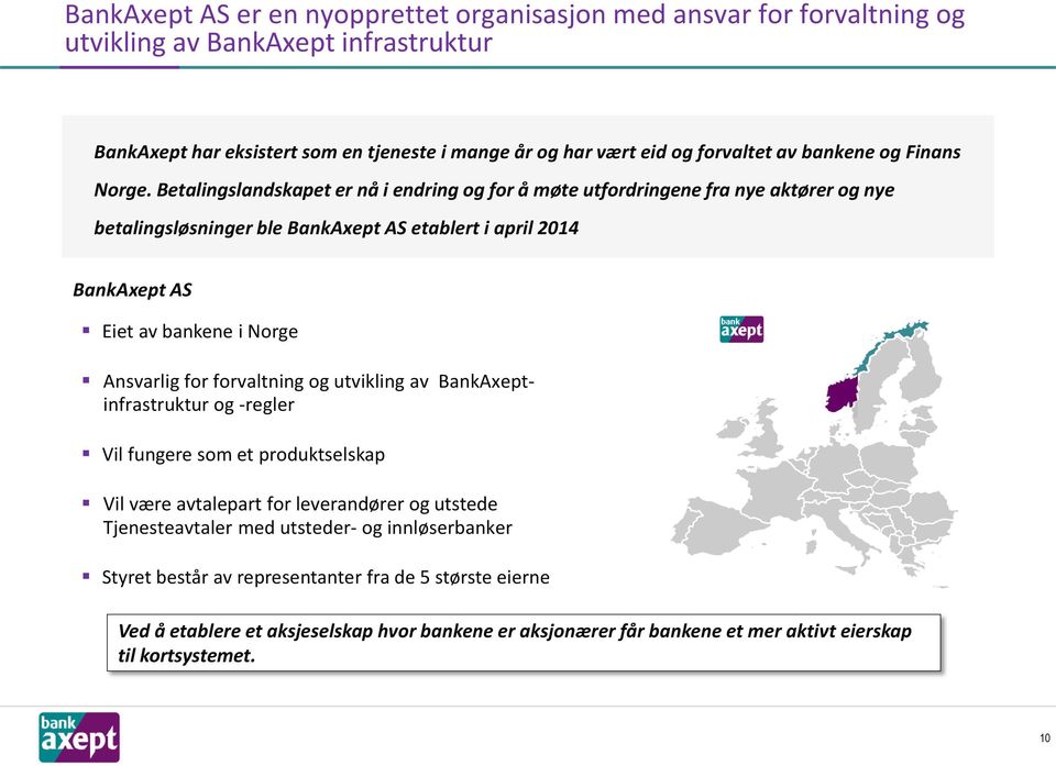 Betalingslandskapet er nå i endring og for å møte utfordringene fra nye aktører og nye betalingsløsninger ble BankAxept AS etablert i april 2014 BankAxept AS Eiet av bankene i Norge Ansvarlig