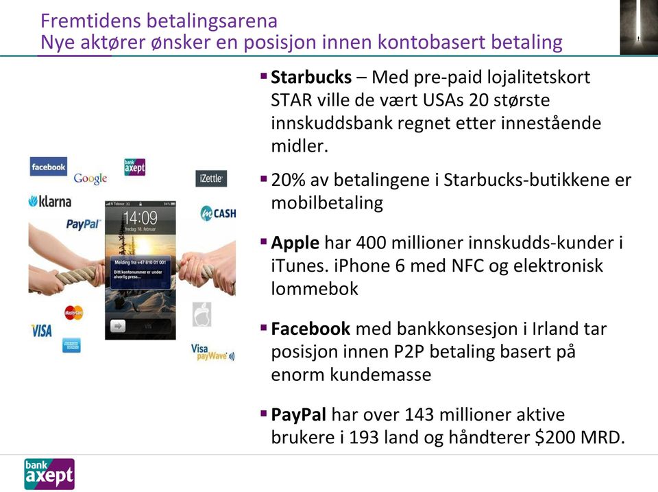 20% av betalingene i Starbucks-butikkene er mobilbetaling Apple har 400 millioner innskudds-kunder i itunes.