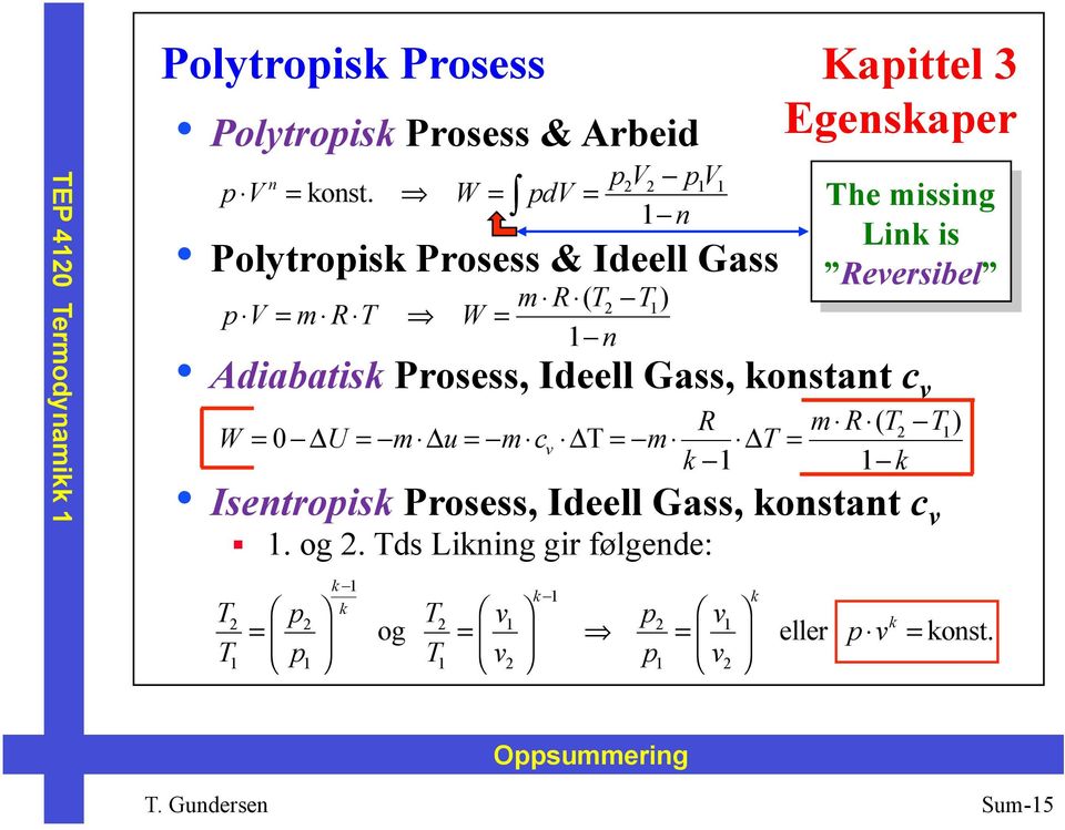 R m R ( T2 T1) W = 0 Δ U = m Δ u= m cv Δ T= m Δ T = k 1 1 k Isentropisk Prosess, Ideell Gass, konstant c v 1. og 2.