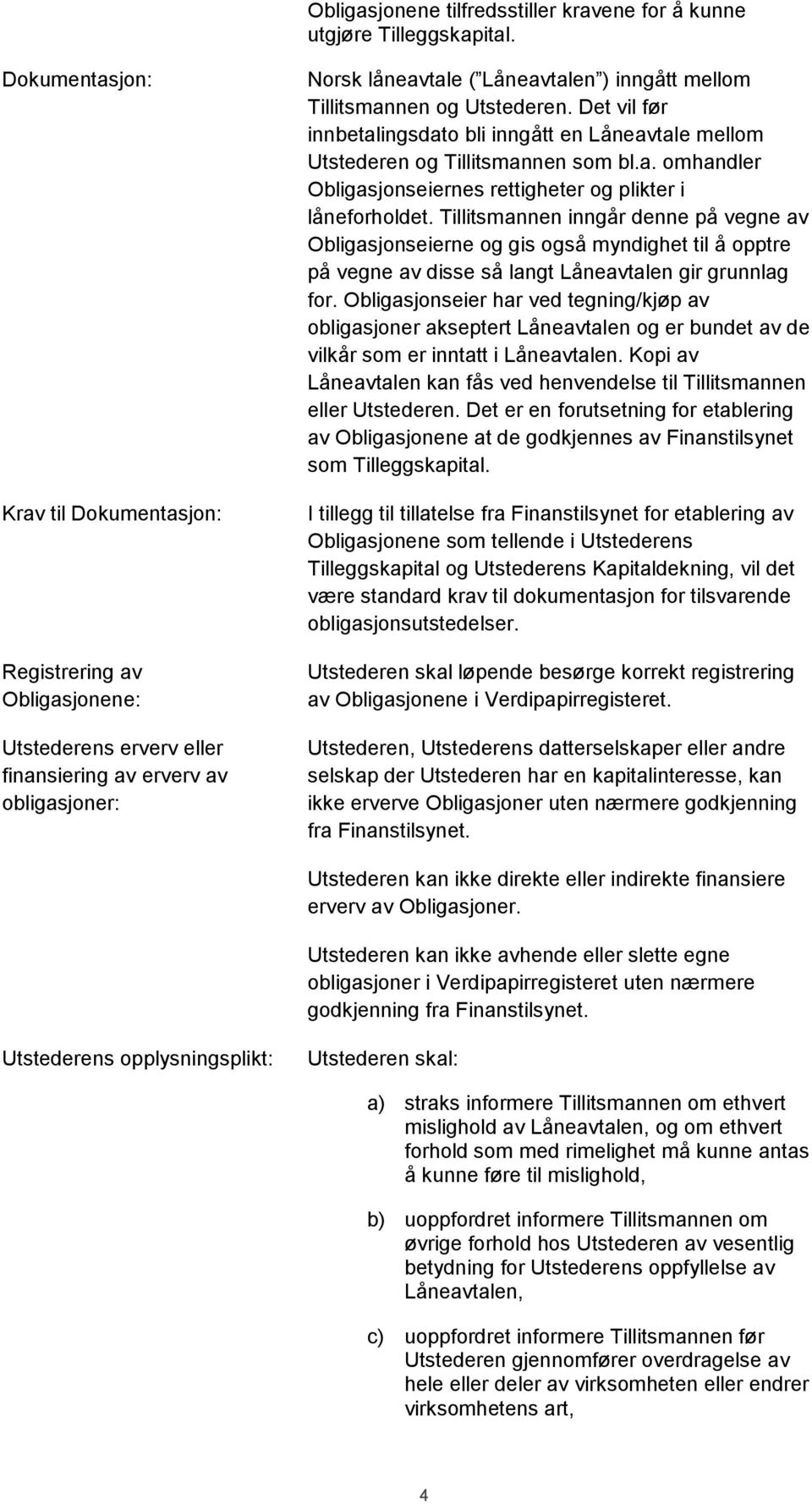 Utstederen. Det vil før innbetalingsdato bli inngått en Låneavtale mellom Utstederen og Tillitsmannen som bl.a. omhandler Obligasjonseiernes rettigheter og plikter i låneforholdet.