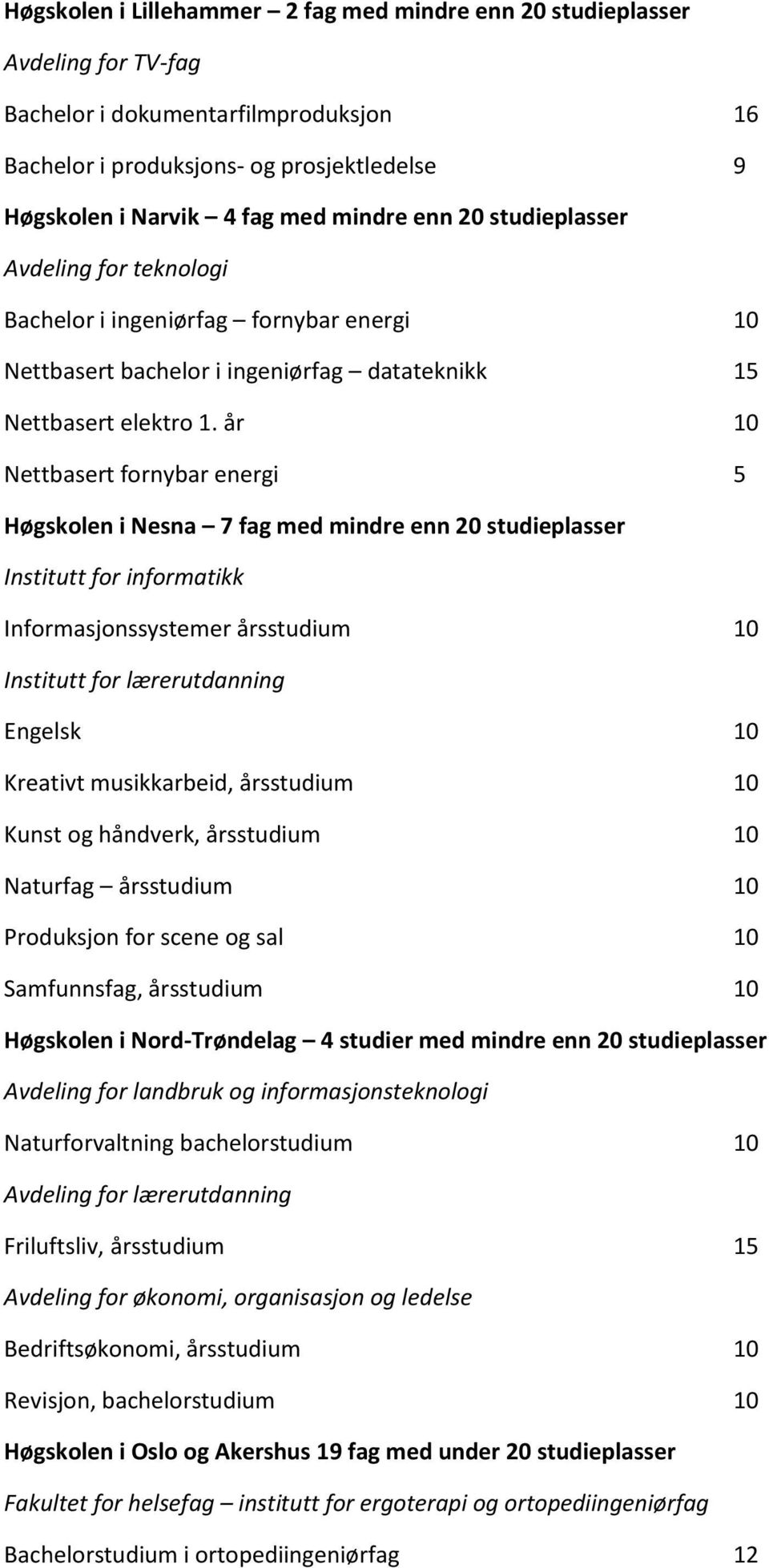 år 10 Nettbasert fornybar energi 5 Høgskolen i Nesna 7 fag med mindre enn 20 studieplasser Institutt for informatikk Informasjonssystemer årsstudium 10 Institutt for lærerutdanning Engelsk 10