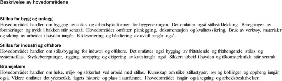 Kildesortering og håndtering av avfall inngår også. Stillas for industri og offshore Hovedområdet handler om stillasbygging for industri og offshore.