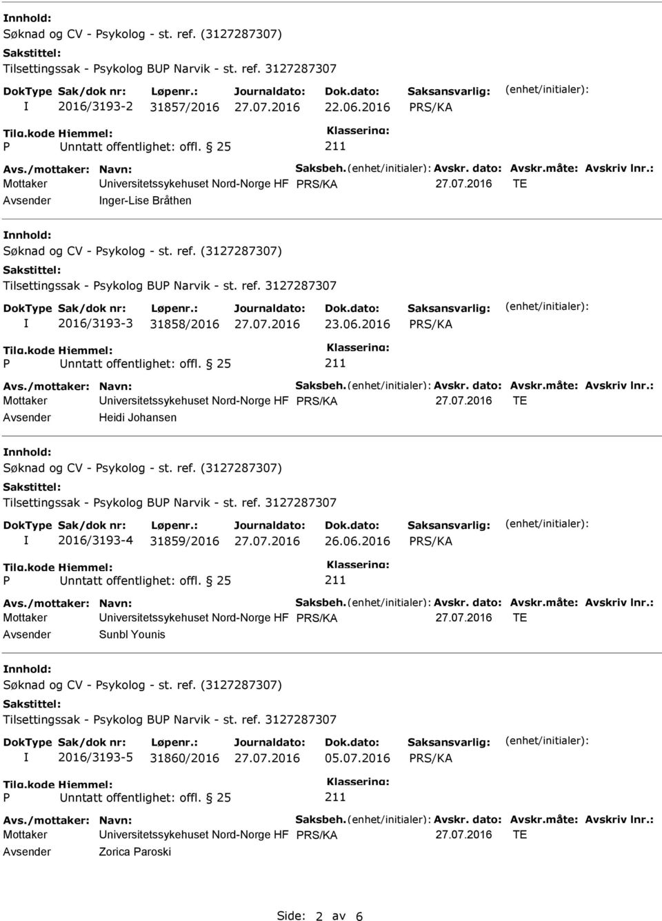 06.2016 Avs./mottaker: Navn: Saksbeh. Avskr. dato: Avskr.måte: Avskriv lnr.: Mottaker niversitetssykehuset Nord-Norge HF TE Heidi Johansen nnhold: Søknad og CV - sykolog - st. ref.