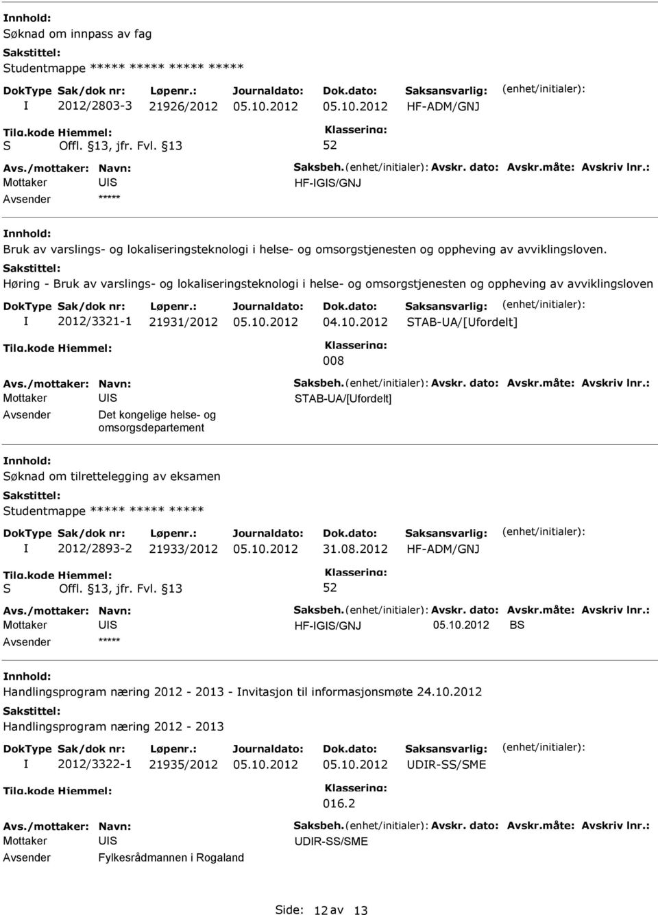 Høring - Bruk av varslings- og lokaliseringsteknologi i helse- og omsorgstjenesten og oppheving av avviklingsloven 2012/3321-1 21931/2012 04.10.2012 TAB-UA/[Ufordelt] 008 Avs./mottaker: Navn: aksbeh.