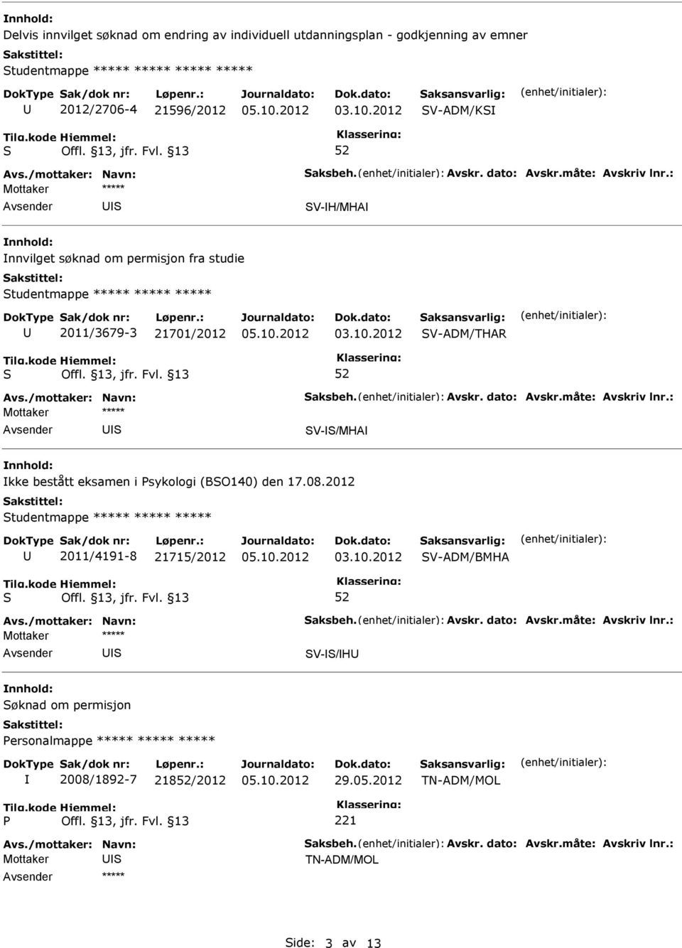 /mottaker: Navn: aksbeh. Avskr. dato: Avskr.måte: Avskriv lnr.: Mottaker ***** Avsender U V-/MHA kke bestått eksamen i sykologi (BO140) den 17.08.