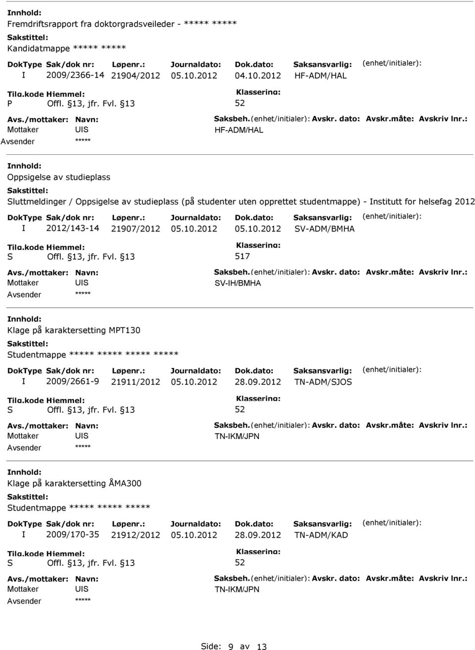 V-ADM/BMHA 517 Avs./mottaker: Navn: aksbeh. Avskr. dato: Avskr.måte: Avskriv lnr.: V-H/BMHA Klage på karaktersetting MT130 tudentmappe ***** ***** ***** ***** 2009/2661-9 21911/2012 28.09.2012 TN-ADM/JO Avs.