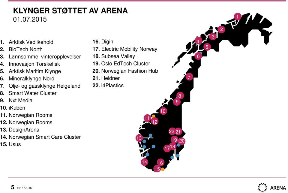 Norwegian Rooms 12. Norwegian Rooms 13. DesignArena 14. Norwegian Smart Care Cluster 15. Usus 16. Digin 17. Electric Mobility Norway 18.