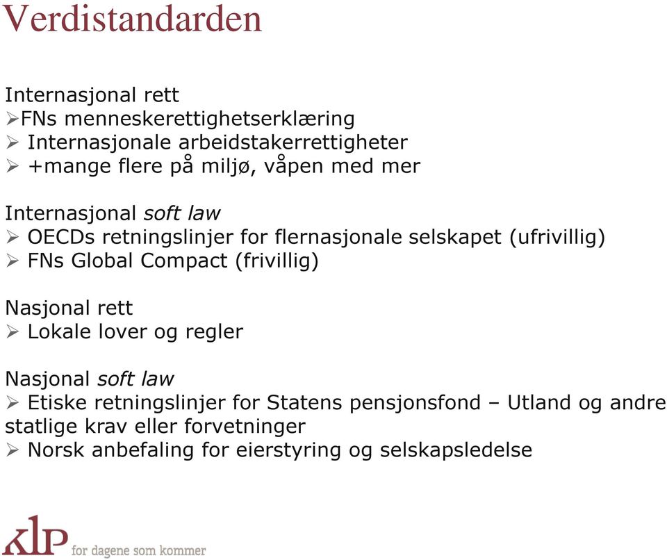 FNs Global Compact (frivillig) Nasjonal rett Lokale lover og regler Nasjonal soft law Etiske retningslinjer for