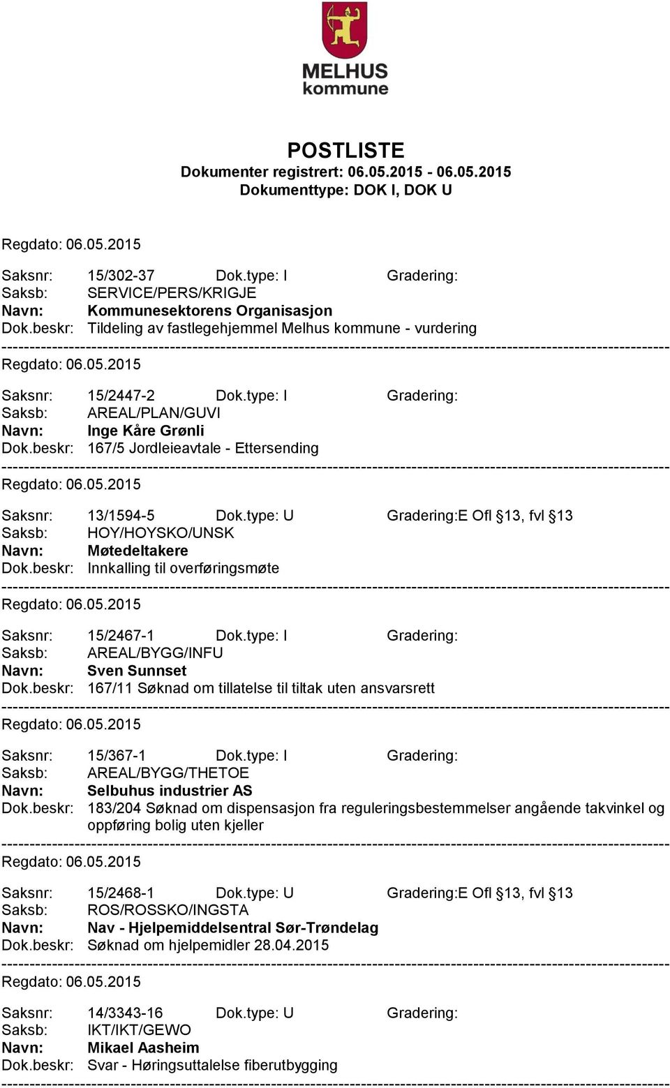 type: U Gradering:E Ofl 13, fvl 13 Saksb: HOY/HOYSKO/UNSK Møtedeltakere Dok.beskr: Innkalling til overføringsmøte Saksnr: 15/2467-1 Dok.type: I Gradering: Saksb: AREAL/BYGG/INFU Sven Sunnset Dok.