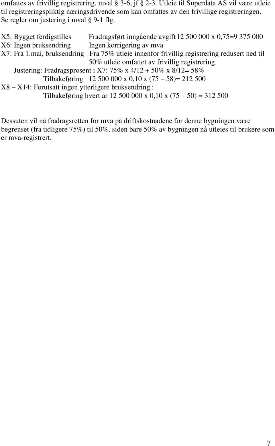 mai, bruksendring Fra 75% utleie innenfor frivillig registrering redusert ned til 50% utleie omfattet av frivillig registrering Justering: Fradragsprosent i X7: 75% x 4/12 + 50% x 8/12= 58%