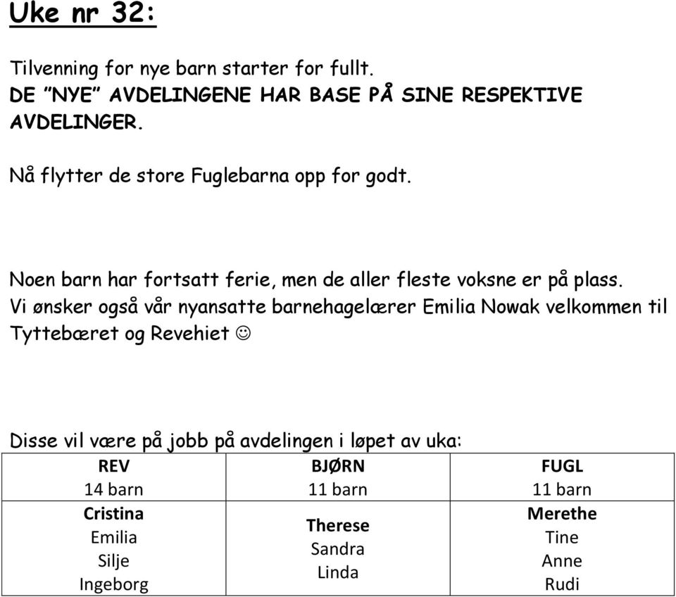 Vi ønsker også vår nyansatte barnehagelærer Emilia Nowak velkommen til Tyttebæret og Revehiet Disse vil være på jobb