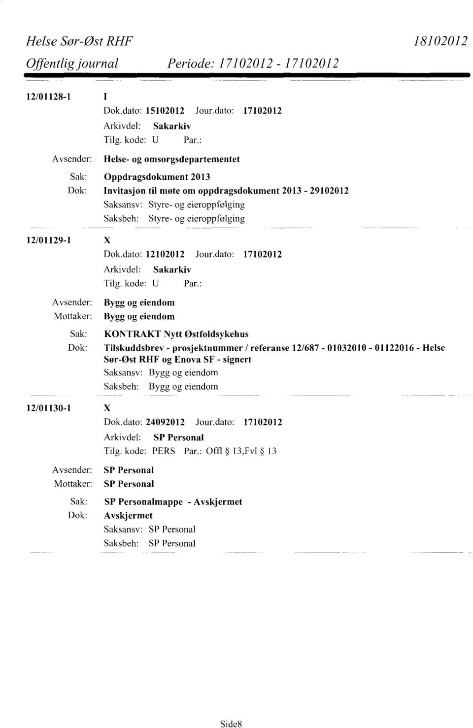 Saksbeh: Styre- og eieroppfølging 12/01129-1 X Dok.dato: 12102012 Jour.