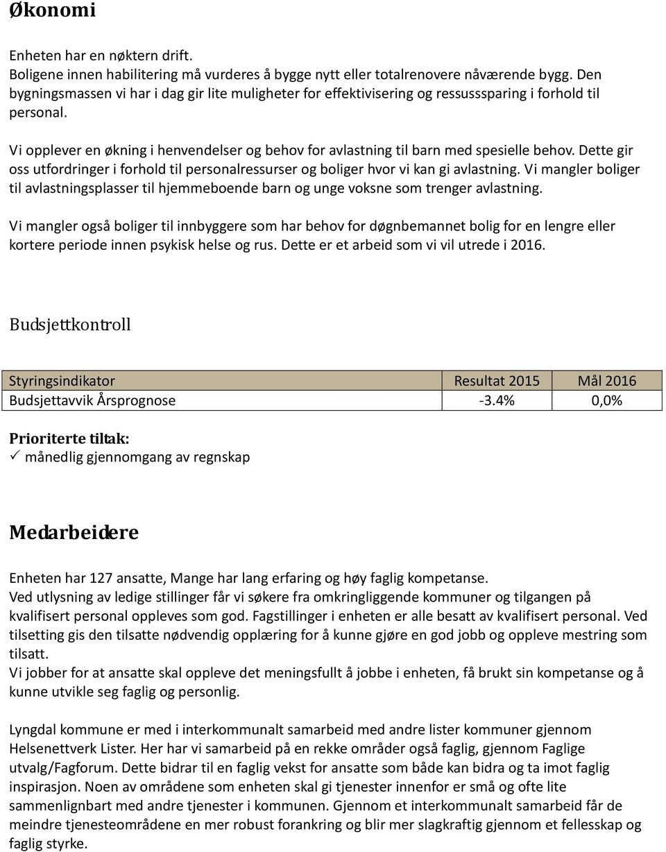 Vi opplever en økning i henvendelser og behov for avlastning til barn med spesielle behov. Dette gir oss utfordringer i forhold til personalressurser og boliger hvor vi kan gi avlastning.