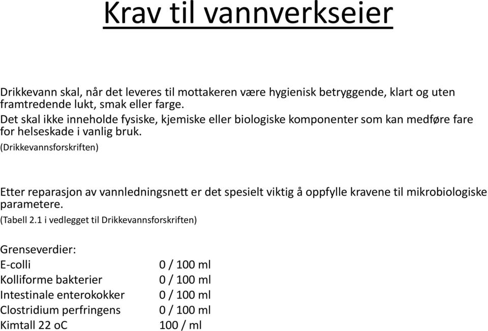 (Drikkevannsforskriften) Etter reparasjon av vannledningsnett er det spesielt viktig å oppfylle kravene til mikrobiologiske parametere. (Tabell 2.