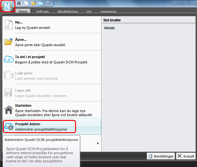 Opprette et prosjekt Modeller settes opp i administrasjonsprogrammet Quadri DCM Model Manager (QMM).
