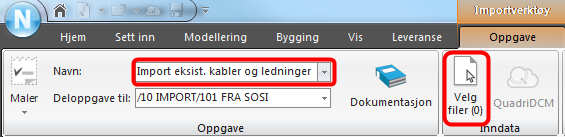 Pek på fanen Sett inn og pek på Import. Fyll inn navn: Import eksist. kabler og ledninger.