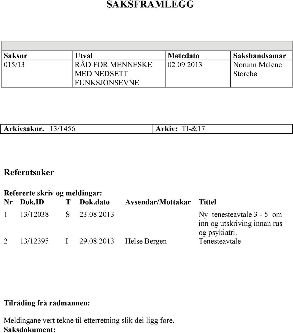 dato Avsendar/Mottakar Tittel 1 13/12038 S 23.08.2013 Ny tenesteavtale 3-5 om inn og utskriving innan rus og psykiatri.