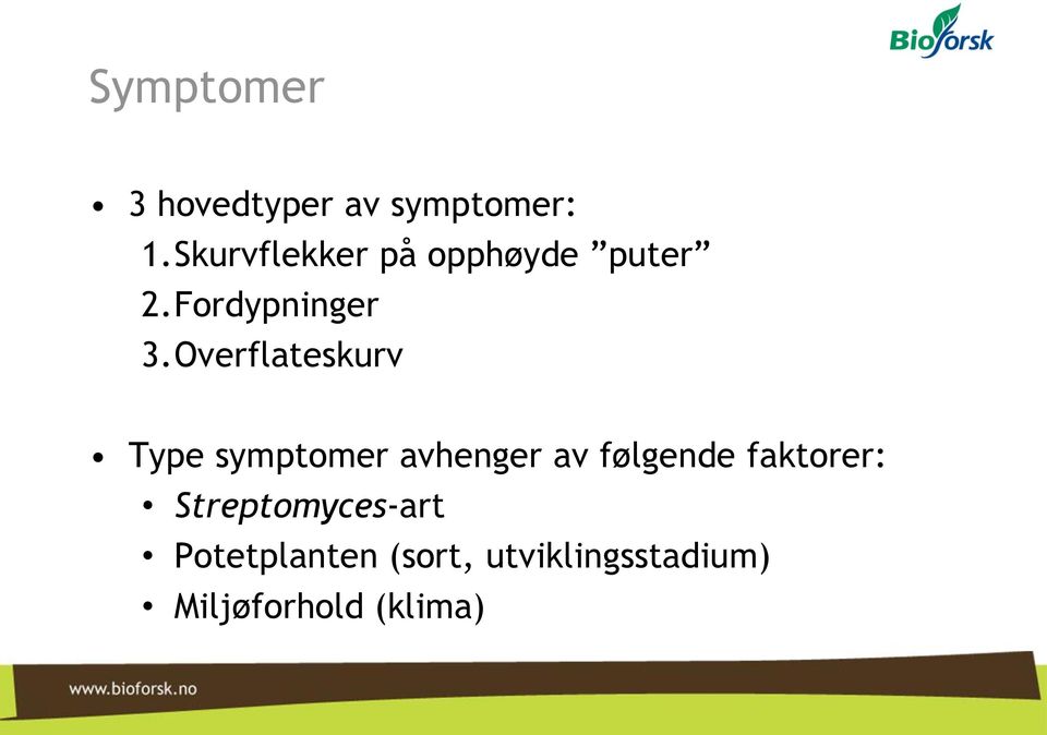 Overflateskurv Type symptomer avhenger av følgende