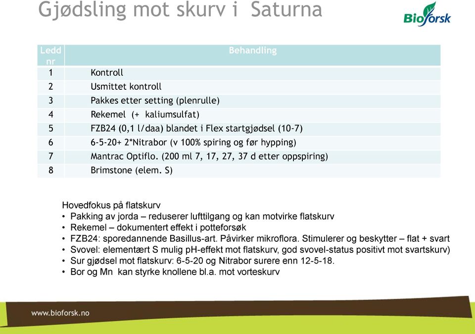 S) Hovedfokus på flatskurv Pakking av jorda reduserer lufttilgang og kan motvirke flatskurv Rekemel dokumentert effekt i potteforsøk FZB24: sporedannende Basillus-art. Påvirker mikroflora.