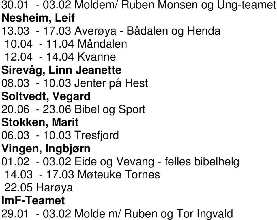 06-23.06 Bibel og Sport Stokken, Marit 06.03-10.03 Tresfjord Vingen, Ingbjørn 01.02-03.