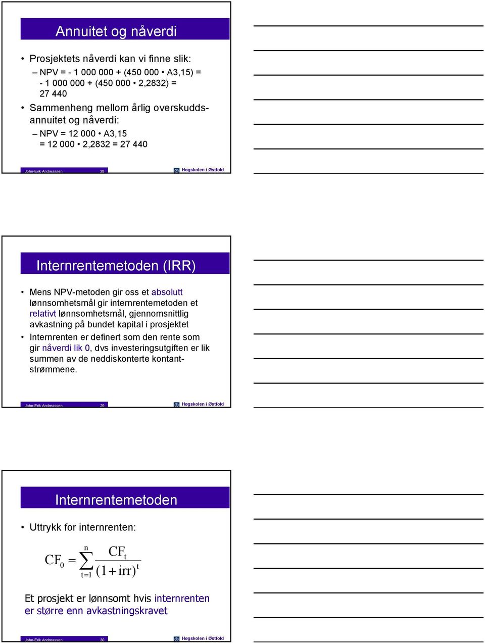 på bundet kapital i prosjektet Internrenten er definert som den rente som gir nåverdi lik, dvs investeringsutgiften er lik summen av de neddiskonterte kontantstrømmene.